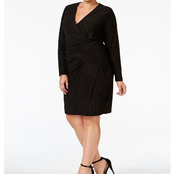 Calvin Klein Dress Black Sparkle Sheath Faux Wrap Cocktail Party Formal  22W NWT - Picture 1 of 12